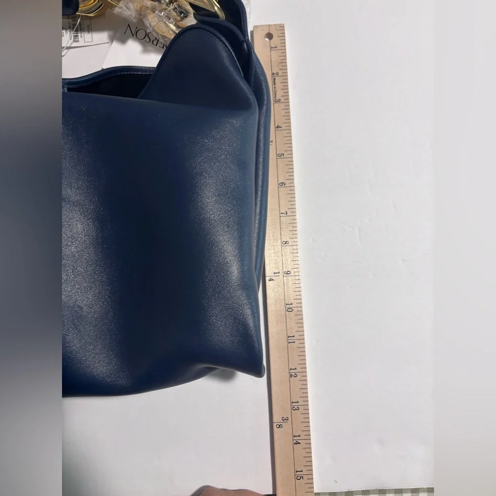 Leather Top-Handle Tote in Navy with Gold Chain Detail
